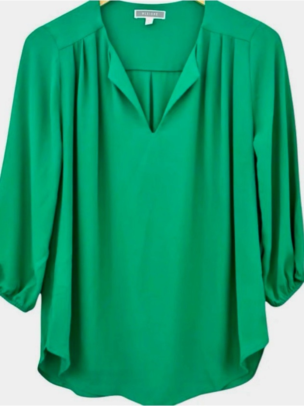 Pleione Aurora Split Neck Pleated Blouse S Green Classic Loose Career